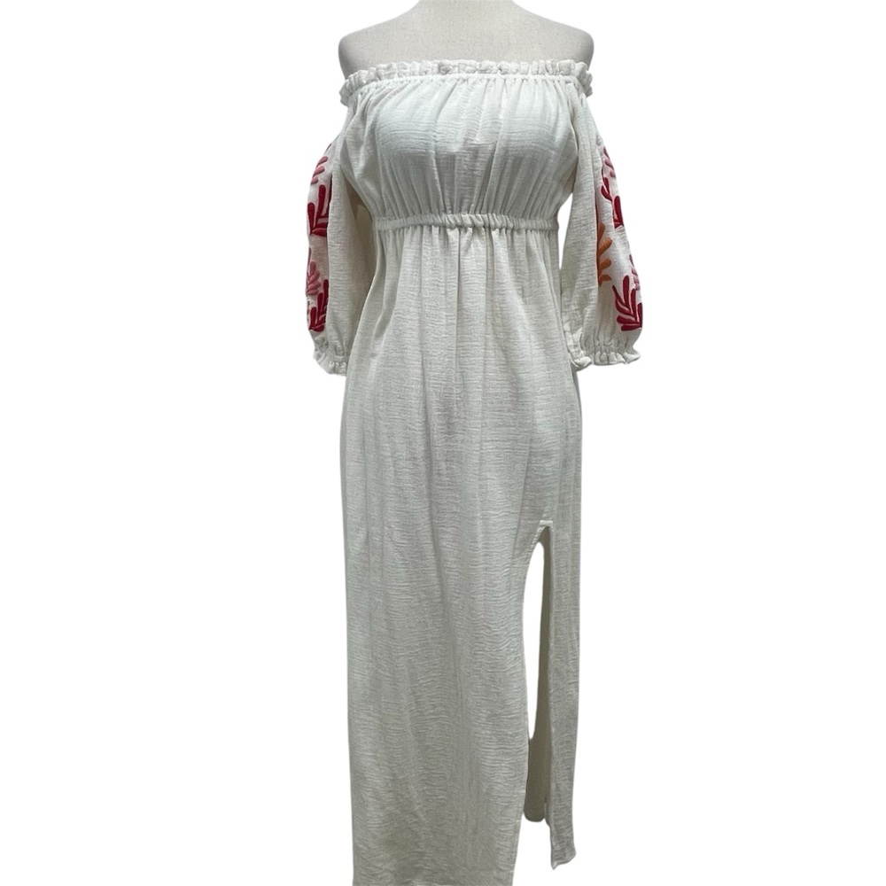 Revolve Sundress Off The Shoulder Embroidered White Mix Red Maxi Dress Size XS/S